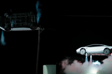 Tesla Roadster prototype hovering during an expo demonstration