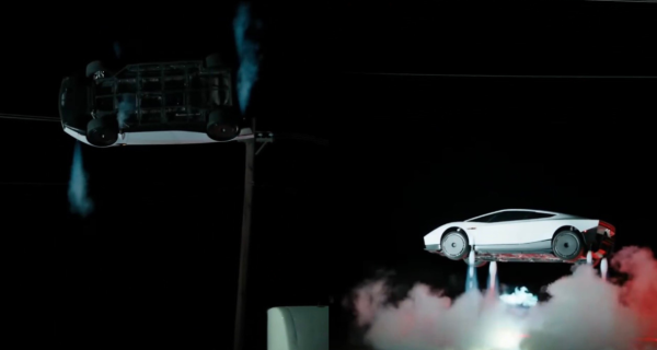 Tesla Roadster prototype hovering during an expo demonstration