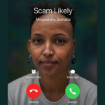 Mock incoming-call image shared by President Trump showing Ilhan Omar and a “Scam likely” caller ID